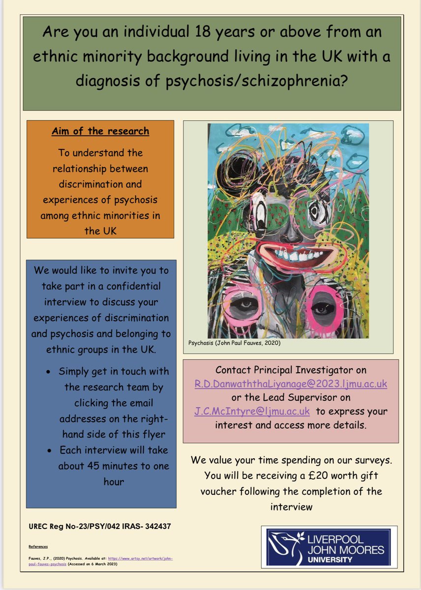 Rashmi Liyanage රශ්මි ලියනගේ (@rashmiliyanage) on Twitter photo 📣 Participants needed! Are you an ethnic minority living in the UK with a diagnosis of psychosis or schizophrenia? Your story matters! Share your experience and receive a £20 voucher. Contact R.D.DanwaththaLiyanage@2023.ljmu.ac.uk
<a href="/RCBB_LJMU/">RCBB</a> <a href="/LJMUPsychology/">LJMU Psychology</a> <a href="/LJMU_PGRs/">LJMU PGR Development</a> 📣 Participants needed! Are you an ethnic minority living in the UK with a diagnosis of psychosis or schizophrenia? Your story matters! Share your experience and receive a £20 voucher. Contact R.D.DanwaththaLiyanage@2023.ljmu.ac.uk
<a href="/RCBB_LJMU/">RCBB</a> <a href="/LJMUPsychology/">LJMU Psychology</a> <a href="/LJMU_PGRs/">LJMU PGR Development</a>