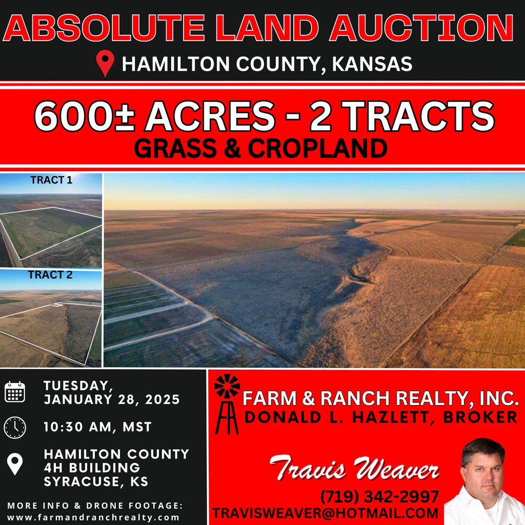 Reminder that this 600± Acre Hamilton County, Kansas property will sell at ABSOLUTE PUBLIC AUCTION in 2 tracts on Tuesday, January 28, 2025 at the Hamilton County 4H Building in Syracuse, Kansas.📍

Visit our website at frrmail.com/listings/lampe… for more info. 📸🌐

#LandAuction