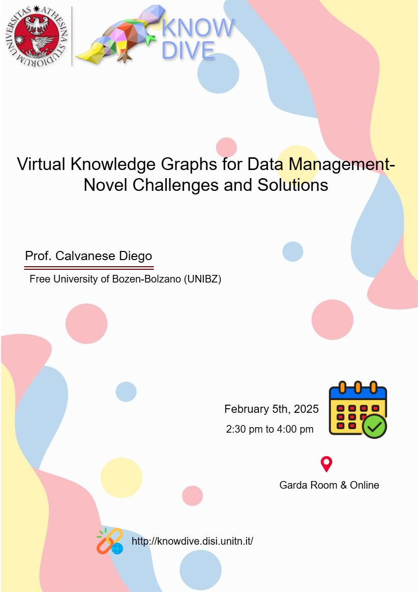 Join us for a Knowdive Group seminar on Wednesday, February 20th, from 2:30pm to 4:00pm (CEST). Prof. Calvanese Diego will present "Virtual Knowledge Graphs for Data Management - Novel Challenges and Solutions".   Tune in at: meet.google.com/ims-msrj-xhh.