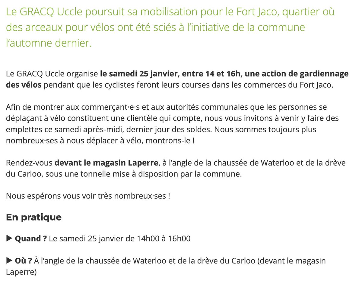 alechat1's tweet photo. Saga arceaux vélo à Uccle
La géniale action du #Gracq:
Ils organisent une "Action gardiennage de vélos" ce samedi 25/01 de 14h à 16h
Venez faire vos courses à vélo et 1 bénévole surveillera votre 🚲pendant vos courses
👏👏👏
Plus d'infos 👇
https://t.co/vmzwJ6qmkf https://t.co/lNazOjU47Q