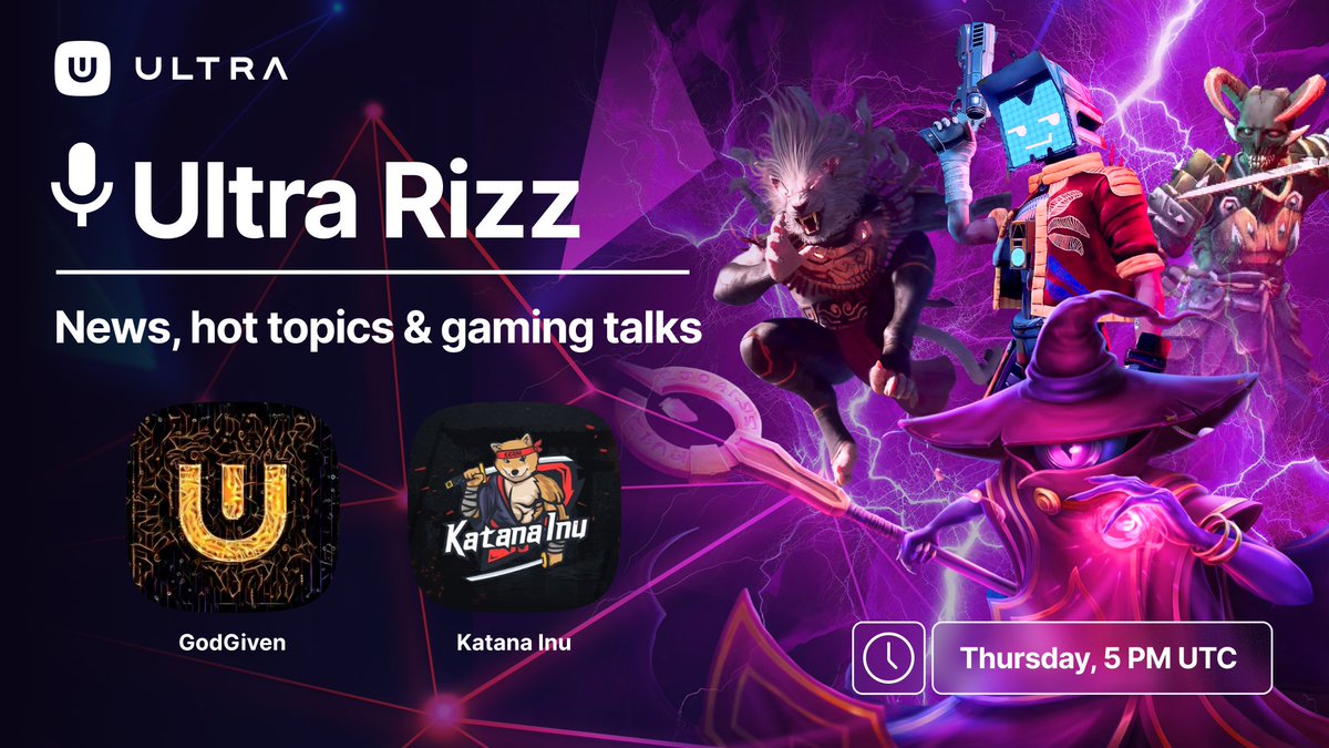 Ultra_io's tweet photo. Get ready for an electrifying #UltraRizz! ๐ฅ
This Thursday at 5pm UTC, our own @UltraGodGiven is joined by @KatanaInu to dive into the epic battle royale weโve all been craving. ๐ฎโ๏ธ
Set your reminders. Donโt miss out! ๐๐ข
๐ https://t.co/bUk0pm7IVN https://t.co/gAznd51xJt