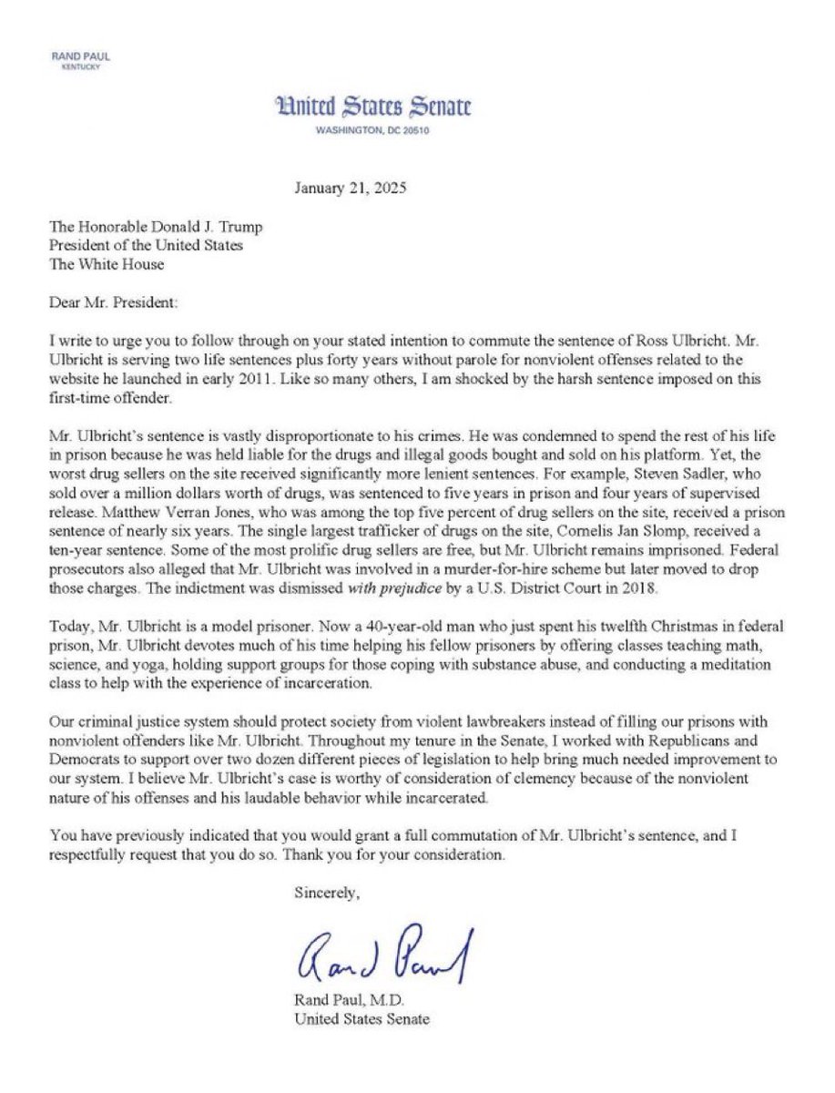 MLiamMcCollum's tweet photo. BREAKING: Rand Paul is asking President Donald Trump to follow through on his promise to free Ross Ulbricht https://t.co/pHvgCzx79g