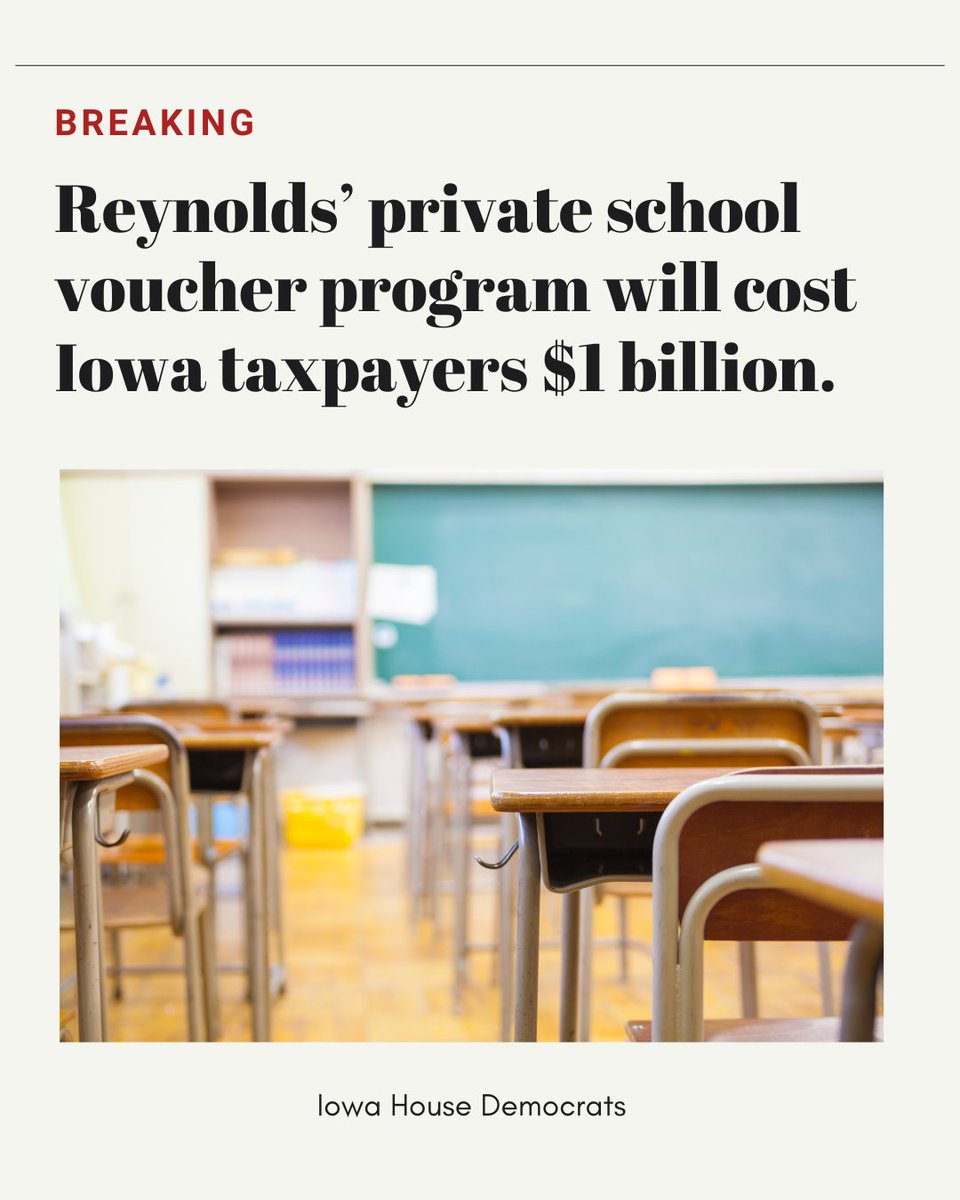 iowahousedems's tweet photo. Vouchers are set to cost Iowa taxpayers almost 1 billion dollars to fund private schools, even for the richest families. The Governor’s budget revealed a 44% increase for vouchers, compared to just a 2% increase in public school funding next year. #ialegis https://t.co/v0047pqeFF