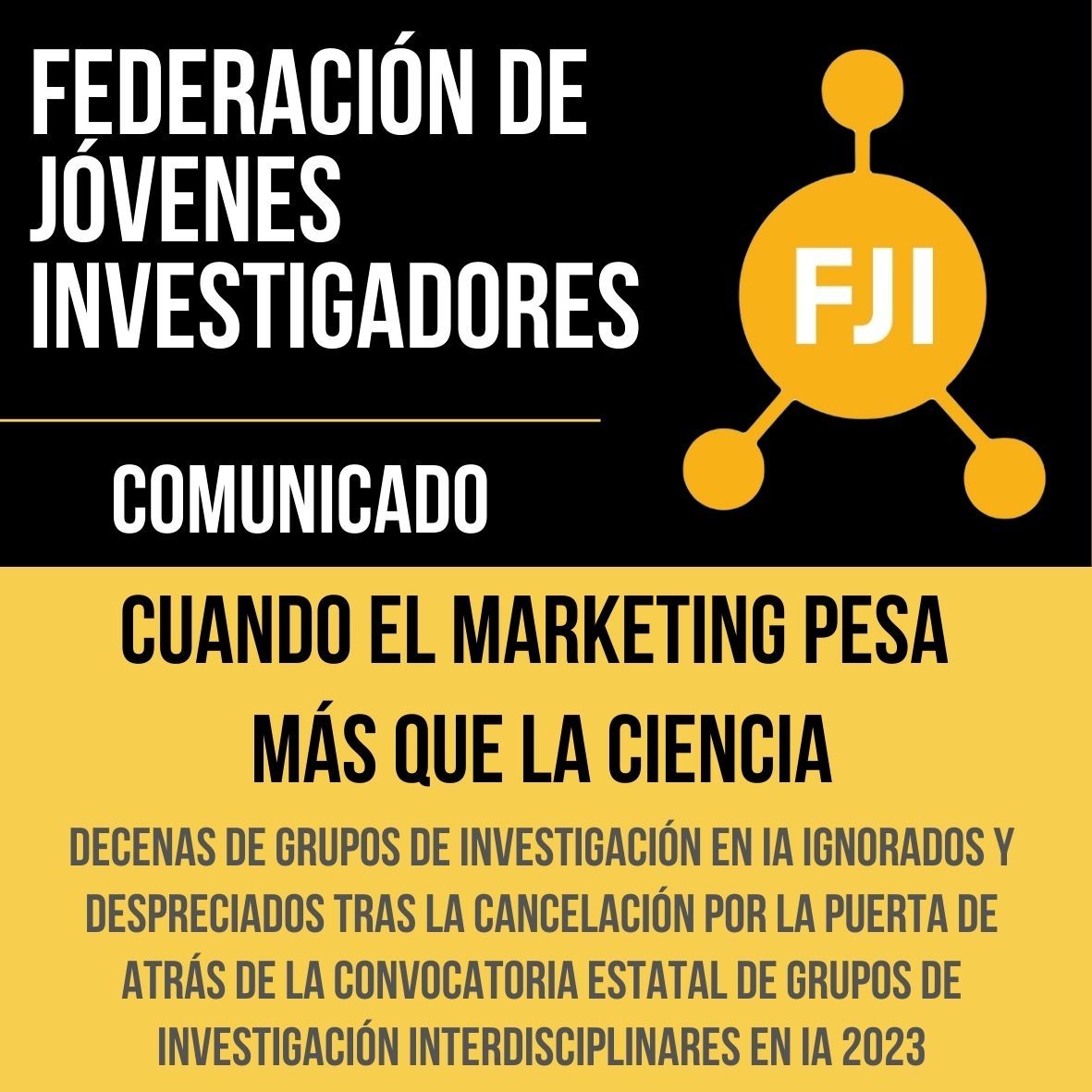 FJI-PRECARIAS (@fjiprecarios) on Twitter photo 🚨Nuevo comunicado: Cuando el marketing pesa más que la Ciencia🚨<a href="/CienciaGob/">Ministerio de Ciencia, Innovación y Universidades</a> ha cancelado por sorpresa la convocatoria de grupos de investigación en IA 2023
Explicamos cuál es la importancia de este golpe a la investigación en España🧵
🔗 fji.precarios.org/cuando-el-mark… 🚨Nuevo comunicado: Cuando el marketing pesa más que la Ciencia🚨<a href="/CienciaGob/">Ministerio de Ciencia, Innovación y Universidades</a> ha cancelado por sorpresa la convocatoria de grupos de investigación en IA 2023
Explicamos cuál es la importancia de este golpe a la investigación en España🧵
🔗 fji.precarios.org/cuando-el-mark…