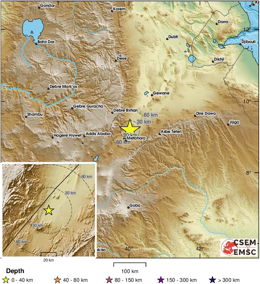 LastQuake's tweet image. #Earthquake confirmed by seismic data.⚠Preliminary info: M4.9 || 12 km NW of #Āwash (#Ethiopia) || 12 min ago (local time 00:44:51). Follow the thread for the updates👇