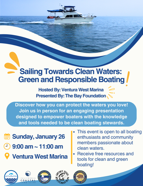 VenturaHarbor's tweet photo. Set sail for sustainability!🛥️
Join Ventura West Marina on Sunday, Jan 26 for an engaging session on green &amp; responsible boating. 💙

Learn tips to protect our waters &amp; get free resources!  #CleanBoating #SustainableLiving https://t.co/r80fuXDQFB