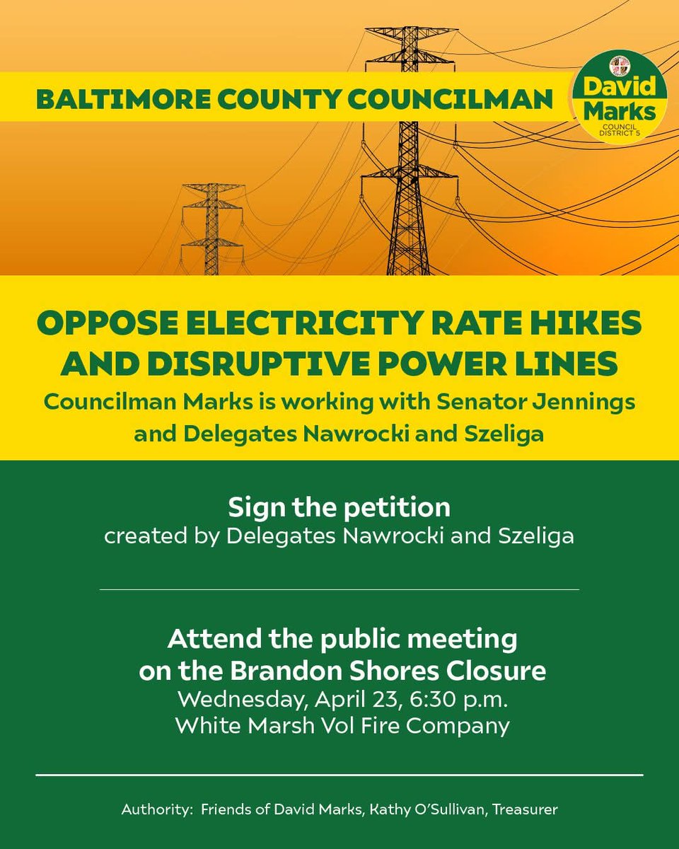 David Marks (@david_s_marks) on Twitter photo While electricity is regulated by the state, we share frustrations about rising costs and the impact of the transmission lines. Senator <a href="/JBJenningsUSA/">Senator JB Jennings</a> and Delegates <a href="/RyanforMaryland/">Ryan Nawrocki</a> and <a href="/KathyforMD/">Kathy Szeliga</a> have been working with me.
Access the petition at secure.anedot.com/nawrocki/brand… While electricity is regulated by the state, we share frustrations about rising costs and the impact of the transmission lines. Senator <a href="/JBJenningsUSA/">Senator JB Jennings</a> and Delegates <a href="/RyanforMaryland/">Ryan Nawrocki</a> and <a href="/KathyforMD/">Kathy Szeliga</a> have been working with me.
Access the petition at secure.anedot.com/nawrocki/brand…