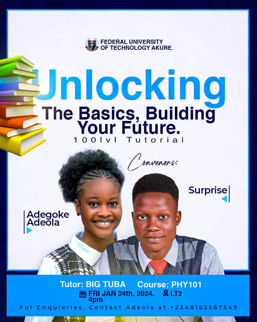 Surprise0845's tweet image. 🚀🎉 Get ready to conquer Physics 101! 🚀 Join our tutorial this Friday, 4-6 PM at LT2, and discover the secrets to acing your exams! 🤫📚 Hosted by Surprise & Adeola, and led by the expert Big Tuba! 🙌👨🏫
*Don't miss out!* 💥
*#PhysicsTutorial* *#ExamSuccess*
* *#LearnWithUs*