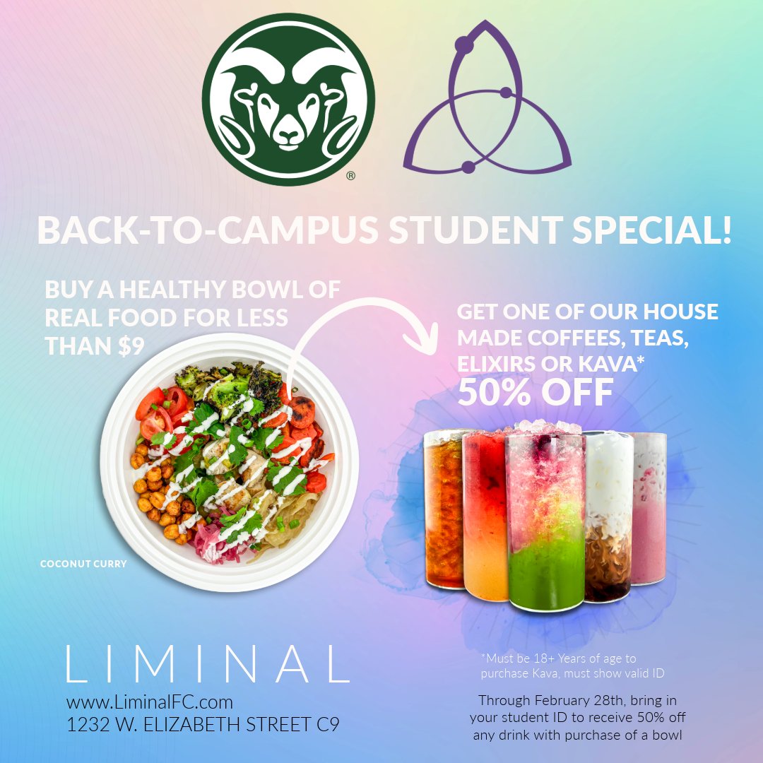 liminalfc's tweet photo. WELCOME BACK STUDENTS!

To celebrate the new semester we're offering 50% off one of our house-made coffees, teas, elixirs or kavas (18+) with purchase of a bowl or salad. Just mention the promotion and present your student ID at time of purchase.

1 per visit please! https://t.co/56cIwcUNNr