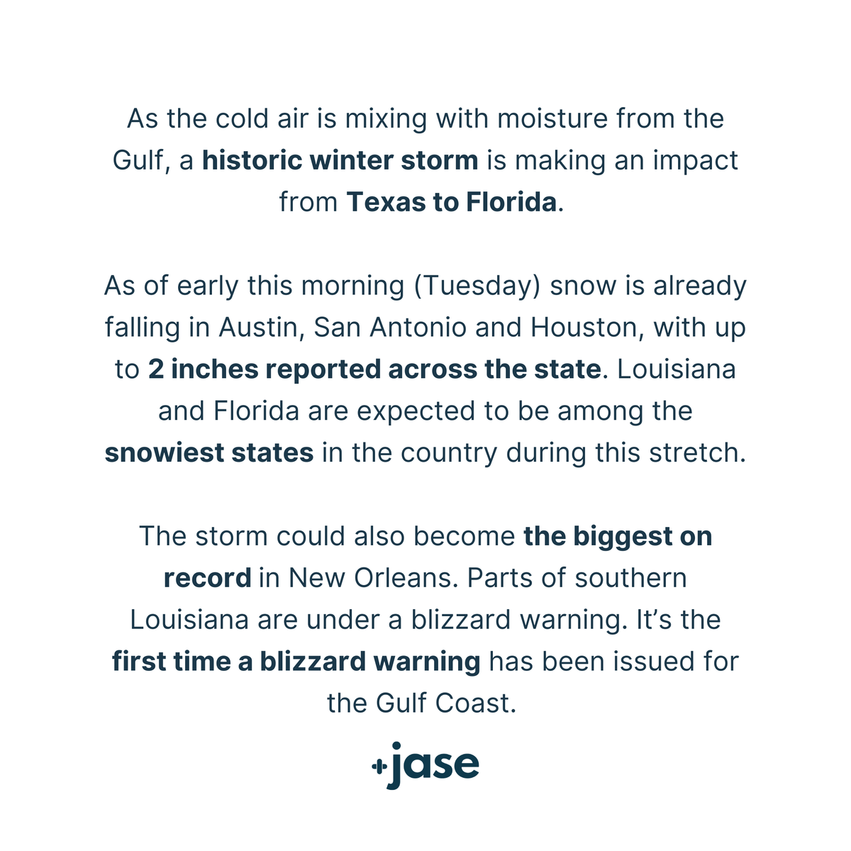 jasemedical's tweet photo. As always, our hearts are with those affected by these snowstorms. To learn more, visit https://t.co/aDY9W2o7tE
Check out our Instagram stories for tips on staying safe throughout these storms. ❤️
#gulfcoastsnowstorms #breakingnews #gulfcoast #snowintexas #southernsnowstorm https://t.co/xfotr7T5VC