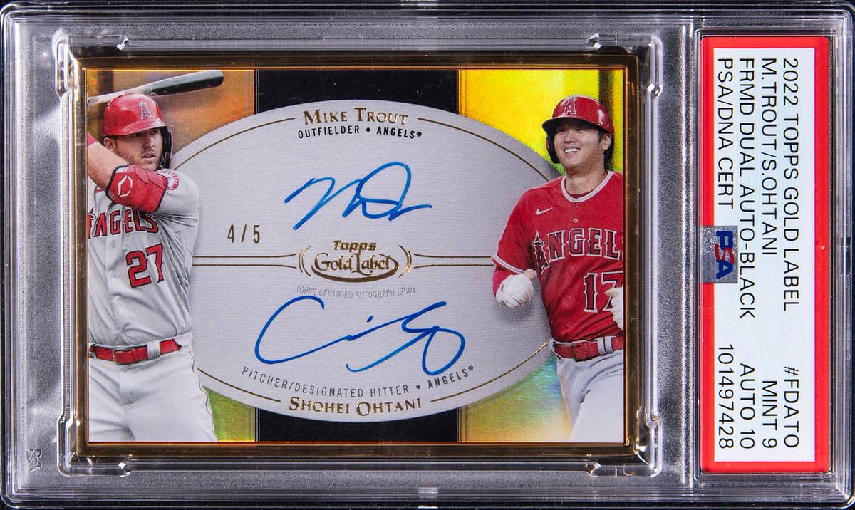 TROUT. OHTANI. This 2022 Topps Gold Label Framed Dual Autograph 