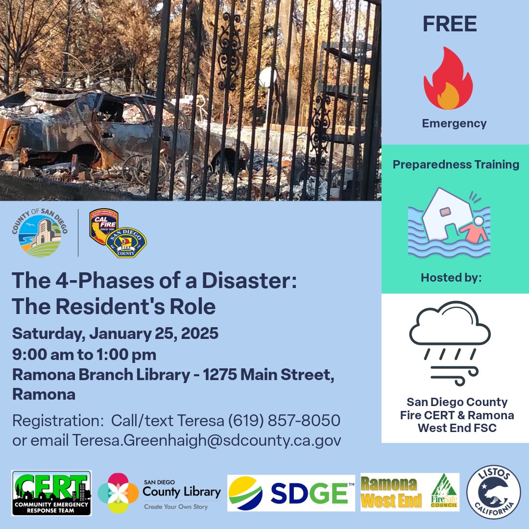 livewell_sd's tweet photo. In light of the recent fires, preparation is more important than ever. Join San Diego County Fire CERT and Ramona West End FSC to learn how to become disaster confident and resilient!
Interpretation can be requested. #LiveWellSD #DisasterPreparedness https://t.co/5kP12uRQxI
