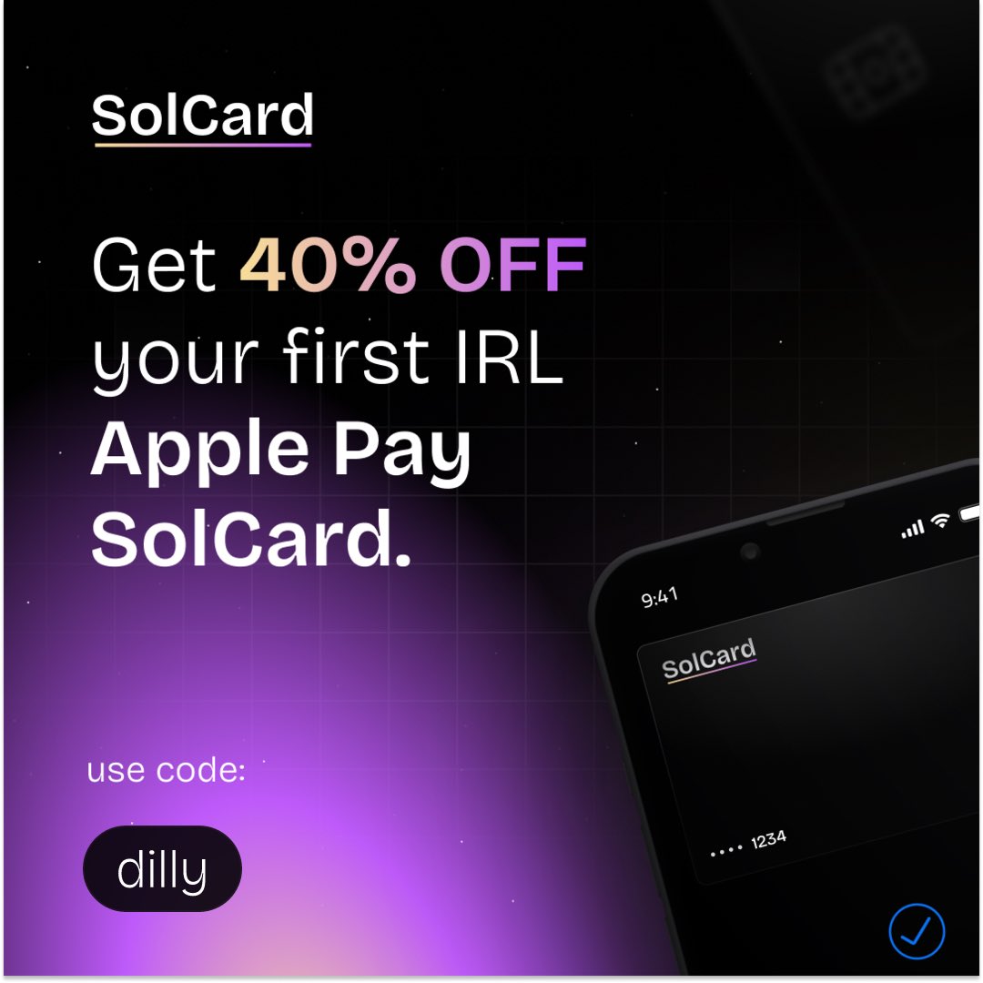dillyxcooks's tweet image. Huge partnership announcement. 

Introducing your brand new crypto debit card. 

Solcard. 

✅ Native on Solana 
✅ Apple &amp;amp; Google Pay compatible 
✅ NO KYC - $10K/monthly limit 
✅ No limit on your purchases 
✅ Works worldwide 

solcard.cc/r/dilly