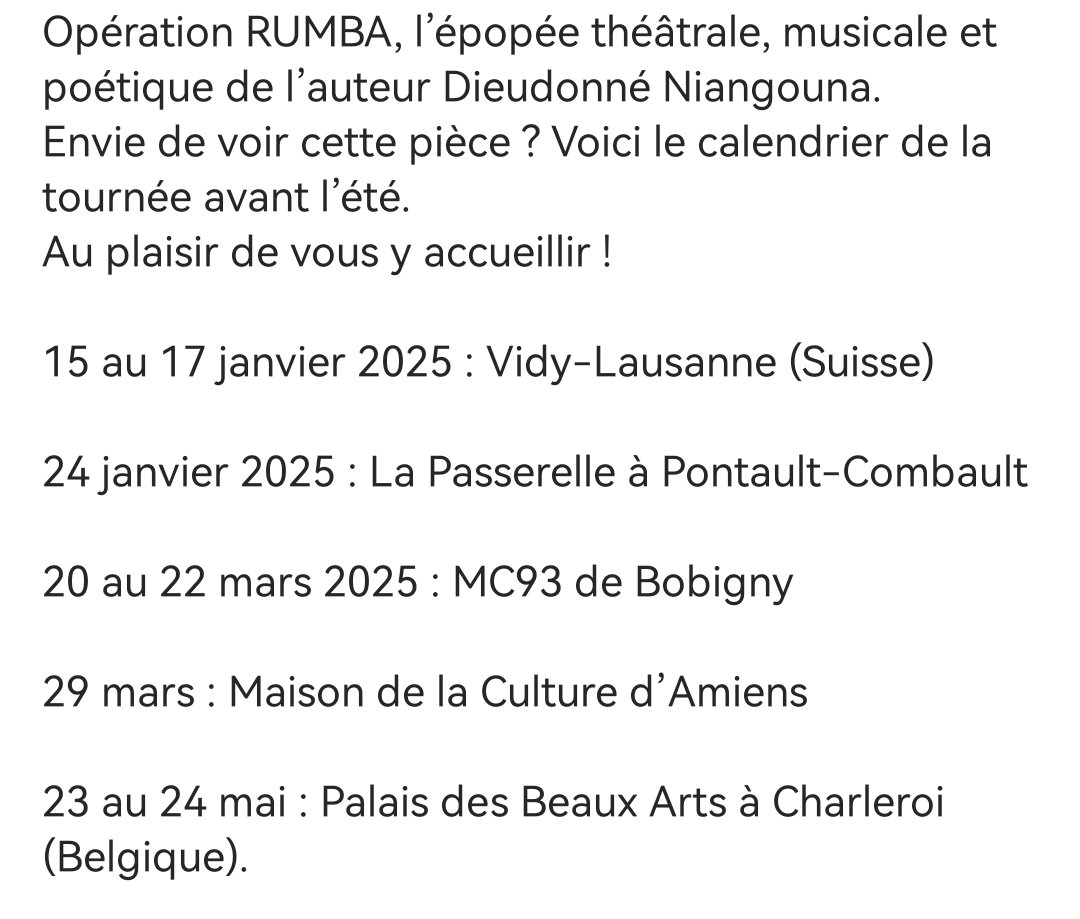 Citoyen_Kane's tweet photo. 🇨🇬OPÉRATION RUMBA 🇨🇩

À travers l'histoire de 2 frères congolais à la quête de leurs origines, Dieudonné Niangouna nous raconte l'histoire de la rumba congolaise à travers un show mêlant théâtre, musique et danse.

À voir dès le 24 janvier aux passerelles à Pontault-Combault 👇🏿👇🏿 https://t.co/I3W7aVFIC7