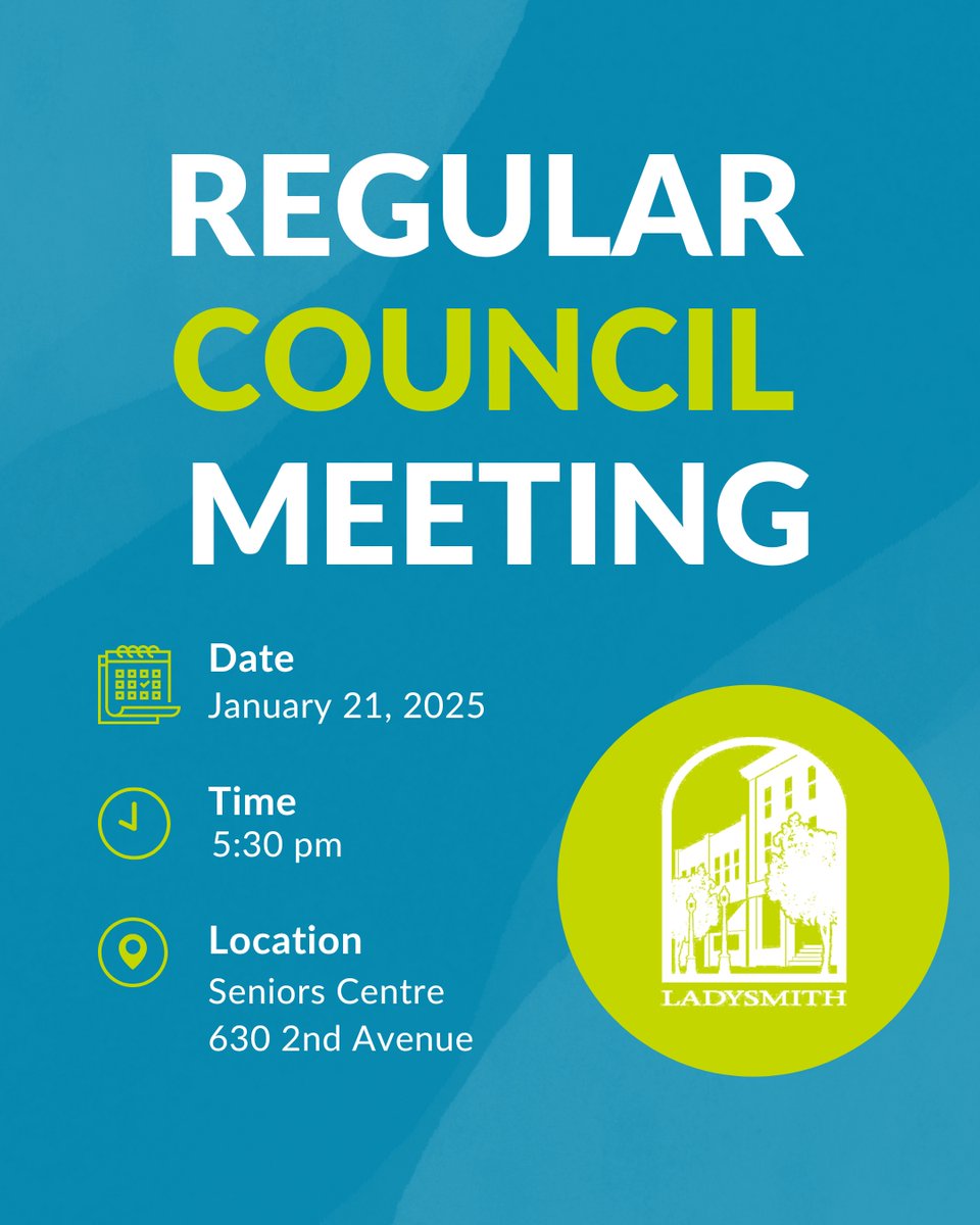 Join us for the first regular meeting of Council of 2025 tonight at 5:30 pm at the Ladysmith Seniors Centre. 🥳

Full Agenda: pub-ladysmith.escribemeetings.com/FileStream.ash…

Can't make the meeting? Watch live on YouTube: youtube.com/@townofladysmi…