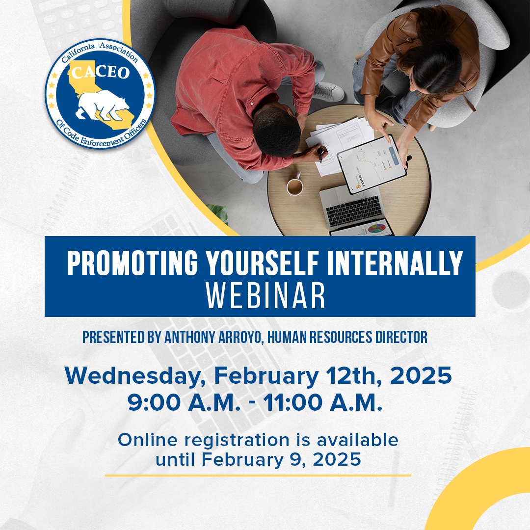 CACEOTweets's tweet photo. This 2-hour webinar will equip you with the tools and techniques to effectively promote your accomplishments, enhance your visibility, and position yourself for advancement opportunities. 

Click here to sign up! 👉 https://t.co/SwS8DjgSwm

#CACEO #CodeEnforcement #Webinar https://t.co/D0GEnO0Ggs