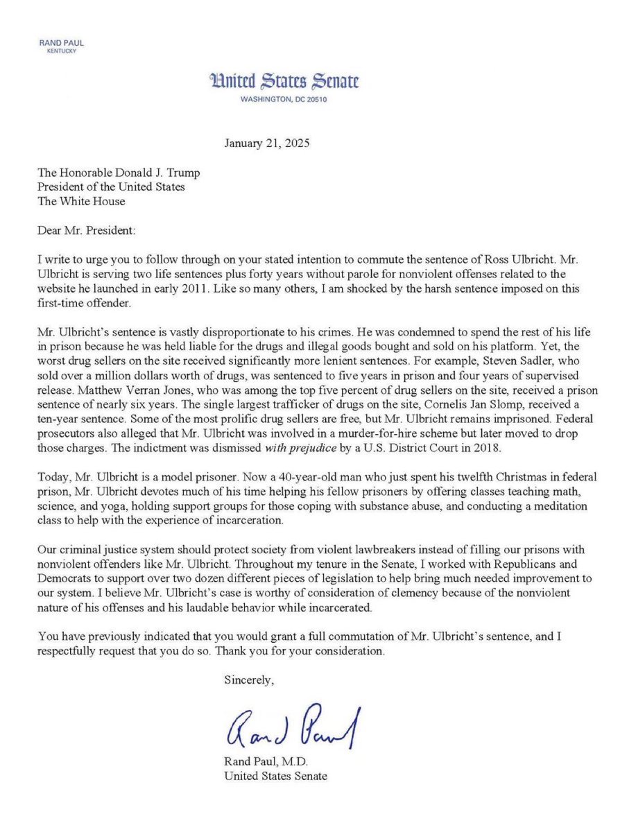 WatcherGuru's tweet image. JUST IN: 🇺🇸 Senator Rand Paul calls on President Trump to free Silk Road founder Ross Ulbricht from his life sentence.