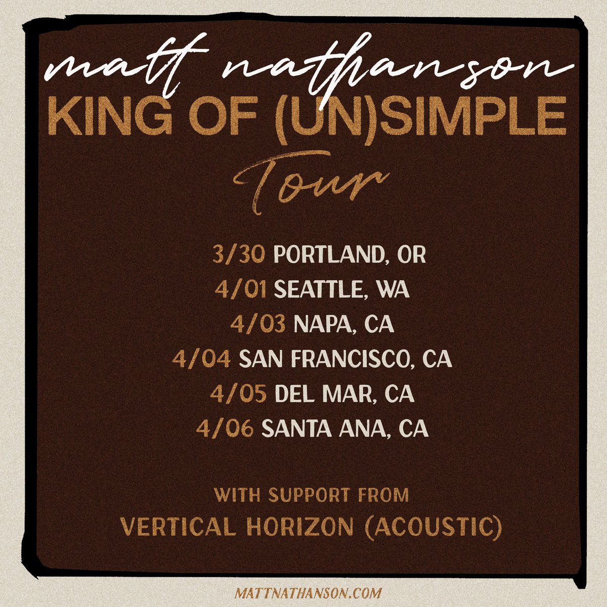 Vertical Horizon (@verticalhorizon) on Twitter photo Weāre just a short few months away from the incredible <a href="/mattnathanson/">matt nathanson</a>ās US west coast leg of his āKing of (Un) Simple Tourā where Iāll be providing a solo acoustic support set! Tickets are on sale now!
verticalhorizon.com Weāre just a short few months away from the incredible <a href="/mattnathanson/">matt nathanson</a>ās US west coast leg of his āKing of (Un) Simple Tourā where Iāll be providing a solo acoustic support set! Tickets are on sale now!
verticalhorizon.com