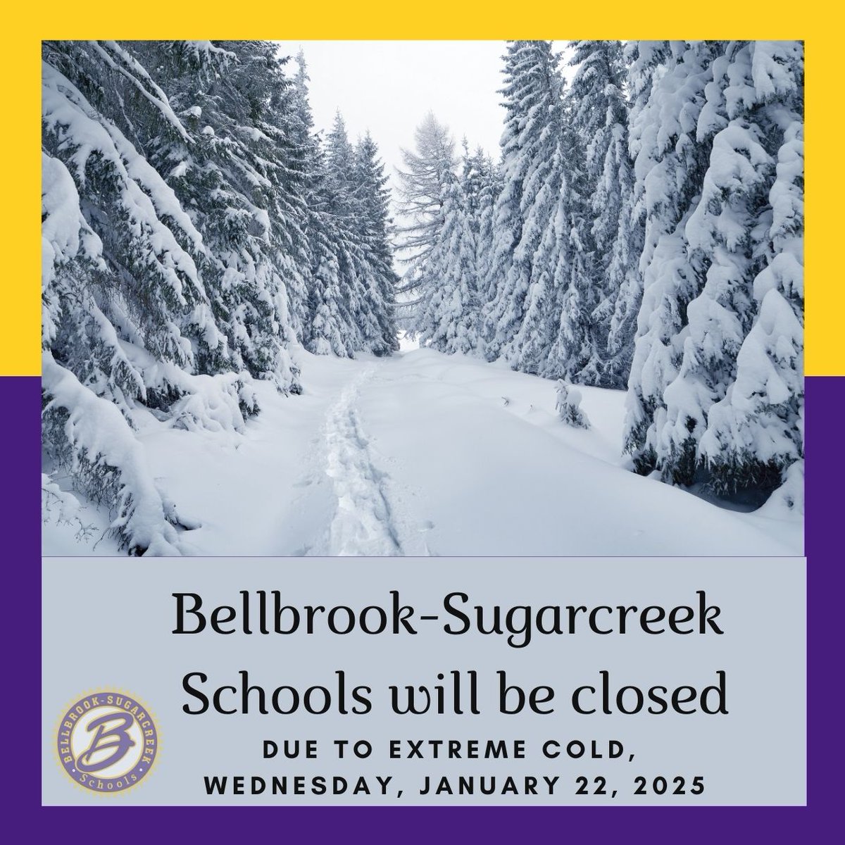 Due to the extreme cold continuing, Bellbrook-Sugarcreek schools will be closed Wednesday, January 22, 2025. Please stay safe and warm. #ilovebellbrookschools #5starschools5starcommunity