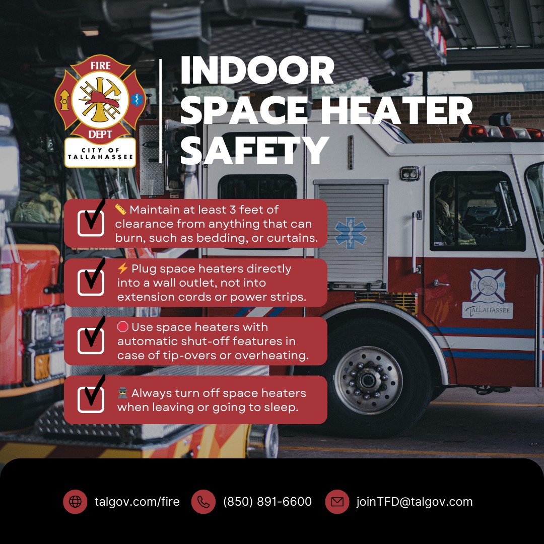 Stay warm &amp; stay safe. When using a space heater, follow these tips:

1️⃣ Keep at least 3 feet of space between your heater and flammable objects
2️⃣ Plug heaters directly into wall outlets
3️⃣ Look for heaters with automatic shut-off features
4️⃣ Turn heaters off before going to bed