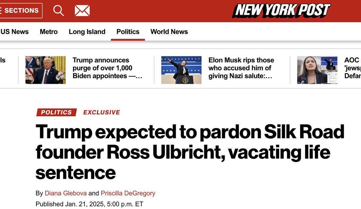 BREAKING: 🇺🇸 Trump pardoning Silk Road founder Ross Ulbricht is "incoming", a source close to the White House told the New York Post.