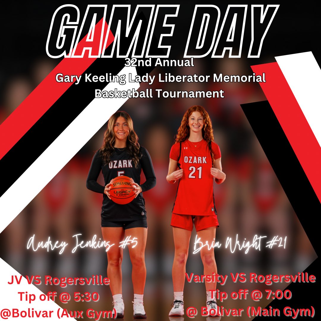 GAME DAY @ Bolivar‼️
•
32nd Annual Bolivar Lady Liberator Memorial Basketball Tournament!
•
Both JV &amp; Varsity take on Rogersville tonight in the first round‼️
•
JV tip off @ 5:30 with Varsity Tip off @ 7:00‼️
•
#GOzark