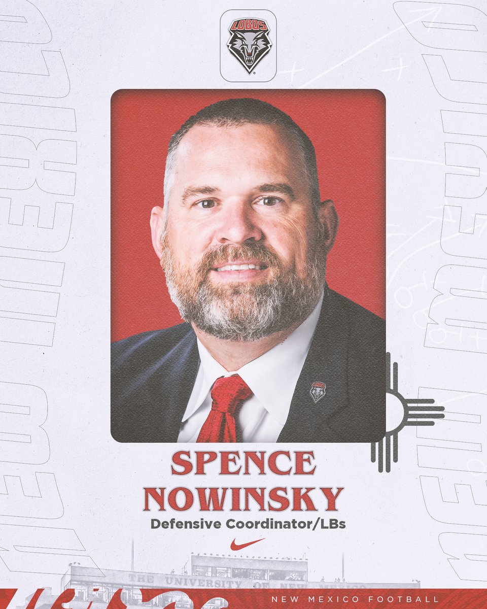 UNMLoboFB's tweet photo. SPENCE!!!!!  Let's welcome defensive coordinator/LBs coach Spence Nowinsky to the Lobo Family!!!  

Nowinsky was most recently the Co-Defensive Coordinator at Memphis where the Tigers finished in the AP Top 25.

The Tigers allowed just 23.8 PPG and 269.3 YPG.
#GoLobos | 🐺🆙 https://t.co/CS7CiCvKOc