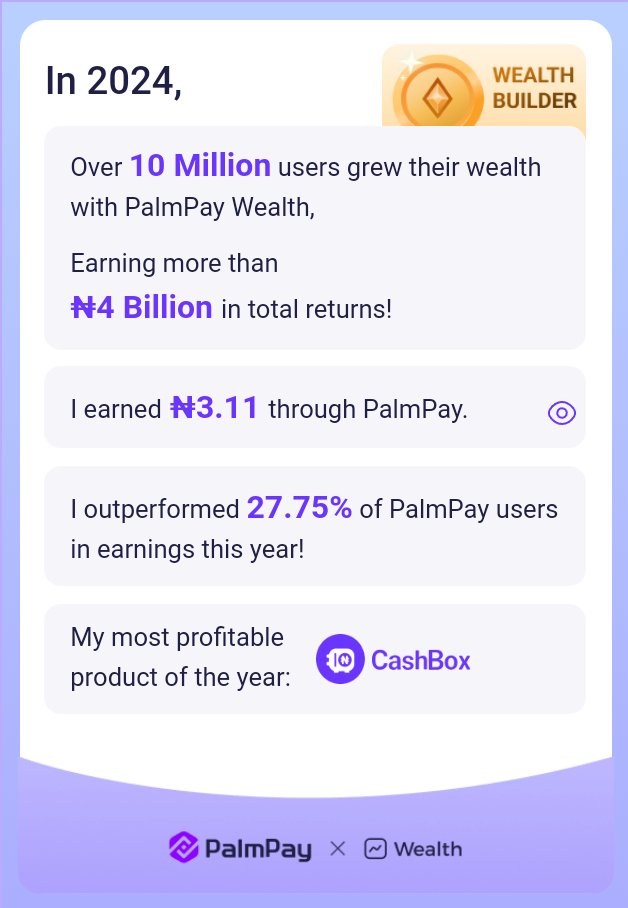CSa97450642's tweet photo. PalmPay Wealth helped over 10M users earn ₦4B+ in 2024! I earned ₦ 3.11, outperforming 27.75% of users. My most profitable product was Spend &amp; Save. Start your journey with @palmpay_ng and achieve more! (ins: @palmpayapp_ng; Facebook:@palmpayapp.ng) #PalmPaySavingsReport https://t.co/Nt082z5Mbr