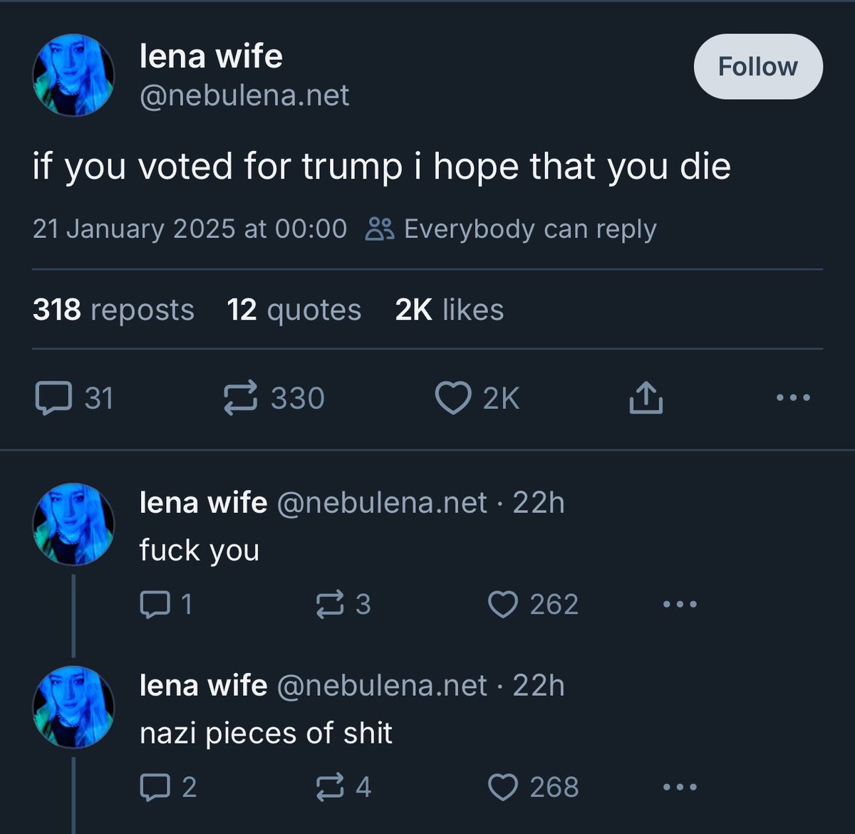 MrAndyNgo's tweet photo. Leftist @bluesky users are reacting to the new Trump administration by wishing violence, torture, suffering and death to everyone who voted for Donald Trump.

The platform bans people for “misgendering” and stating sex is binary, but left-wing death threats remain online. https://t.co/oHOe8okq7n