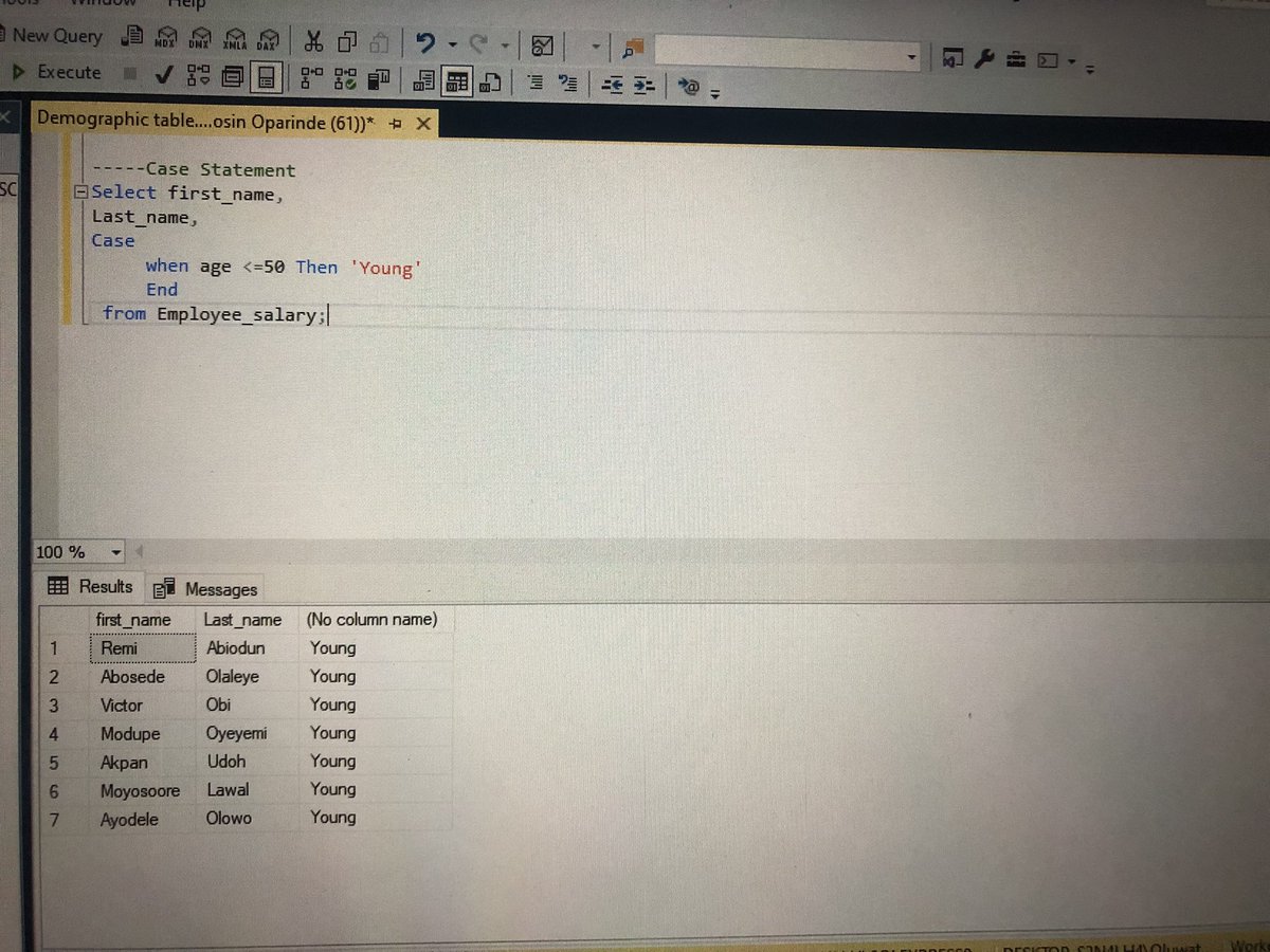 Imoleayo1182245's tweet image. Day 5/15 of SQL 👩‍💻Data challenge with DAH

I Learnt the Case Statement.

Case statement - it returns a value for the conditions specified.
@Ayoogunlola 
#15daysofconsistencywithdah 
#15daysofdatawithdah