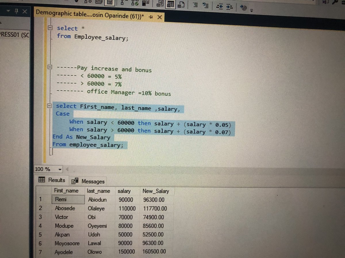 Imoleayo1182245's tweet image. Day 5/15 of SQL 👩‍💻Data challenge with DAH

I Learnt the Case Statement.

Case statement - it returns a value for the conditions specified.
@Ayoogunlola 
#15daysofconsistencywithdah 
#15daysofdatawithdah