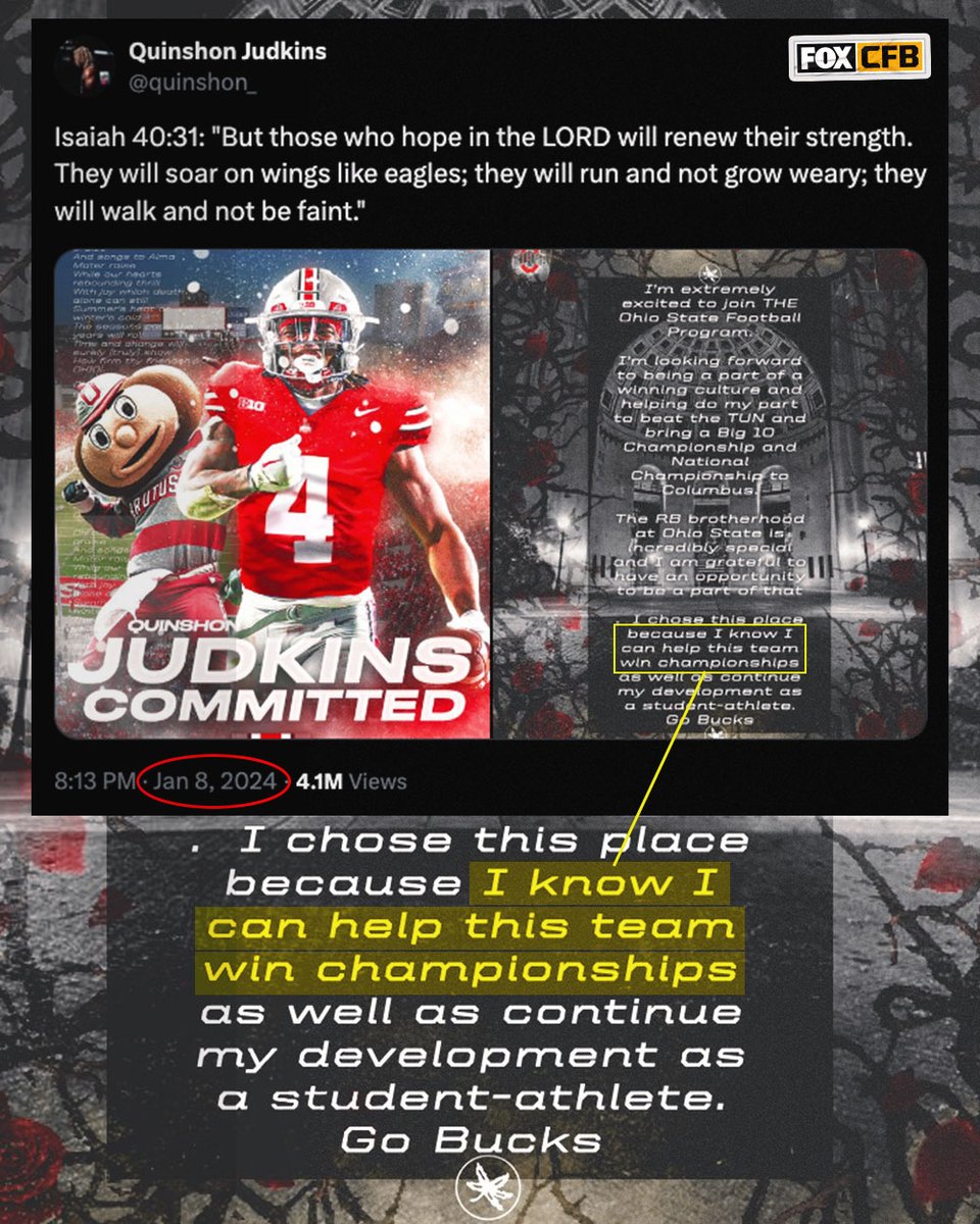 FOX College Football (@cfbonfox) on Twitter photo Mission accomplished, <a href="/quinshon_/">Quinshon Judkins</a> 😤🏆
Last year, immediately after Michigan won the National Championship, Quinshon Judkins announced his commitment to <a href="/OhioStateFB/">Ohio State Football</a> saying he could help this team win championships.
Last night, he scored 3 TDs to help the Buckeyes secure a Mission accomplished, <a href="/quinshon_/">Quinshon Judkins</a> 😤🏆
Last year, immediately after Michigan won the National Championship, Quinshon Judkins announced his commitment to <a href="/OhioStateFB/">Ohio State Football</a> saying he could help this team win championships.
Last night, he scored 3 TDs to help the Buckeyes secure a
