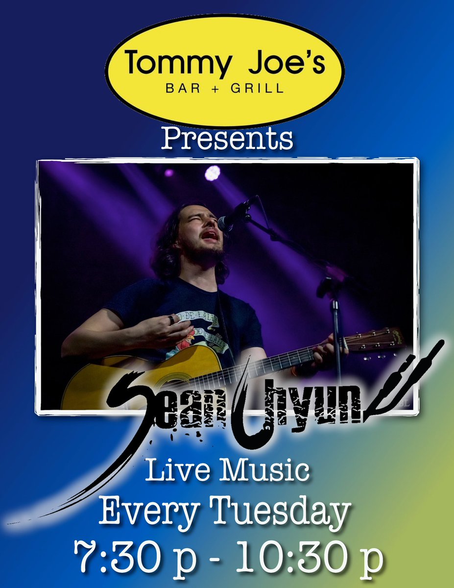 TommyJoes1's tweet image. Fiesta time with Sean Chyun at Tommy Joe’s starting at 7:30! 🎸🌮 Celebrate Taco Tuesday with discounted tacos and happy hour until 7 followed by LIVE MUSIC! 🍹🎶 #FiestaVibes #TacoTuesday #LiveMusic