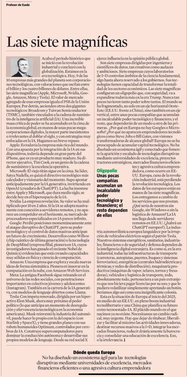 virginiog's tweet photo. El mundo en 2025
Siete compañías acumulan un valor de mercado similar al PIB de la UE. 

El mundo se fragmenta en dos ejes: horizontal (EEUU-China), y vertical (gigantes digitales - resto de empresas)

La pregunta es cuál es la estrategia de Europa https://t.co/XvhsI7v5Vx