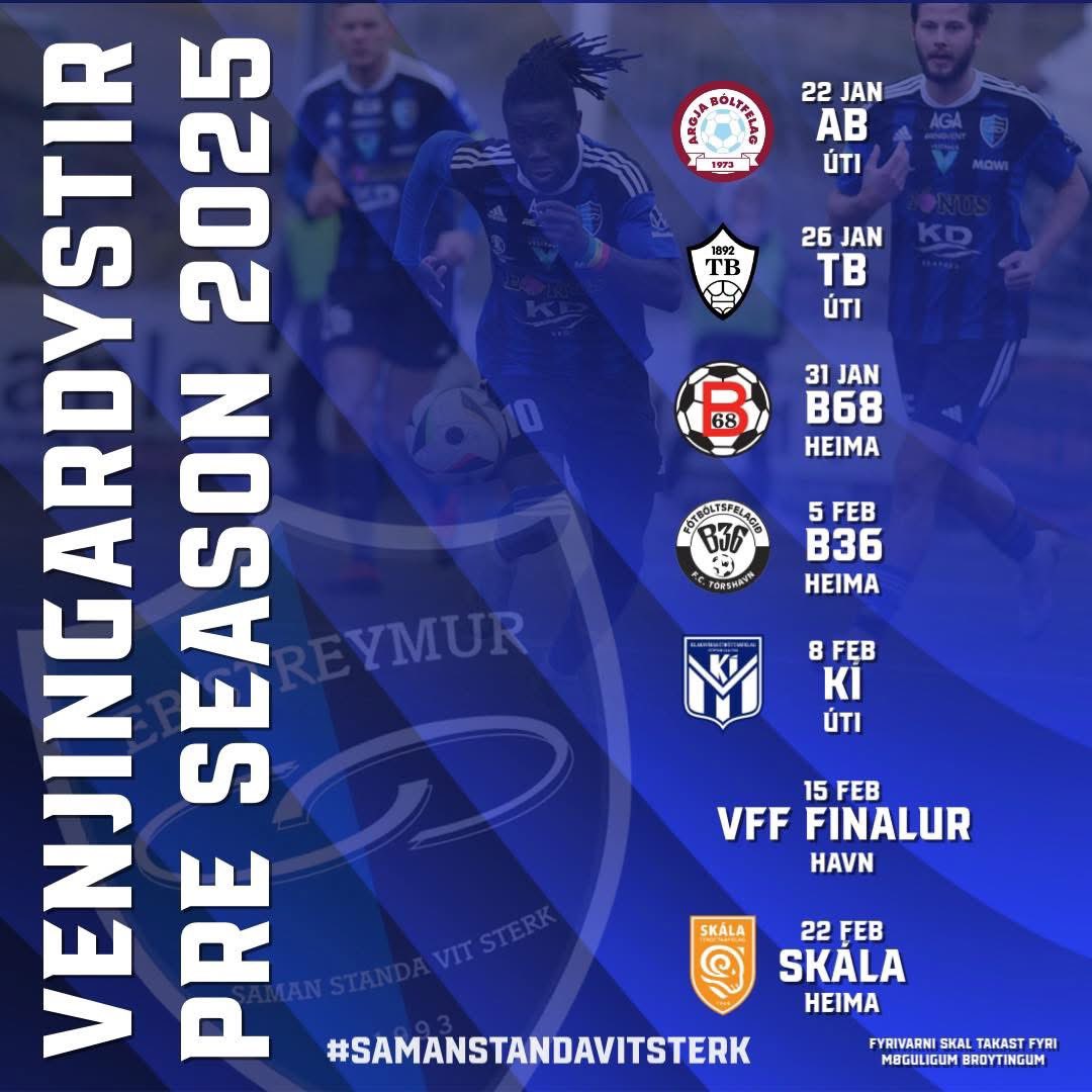 Our first pre-season friendly is on wednesday at <a href="/ArgjaBoltfelag/">Argja Bóltfelag 1973</a> AB. 💙🖤