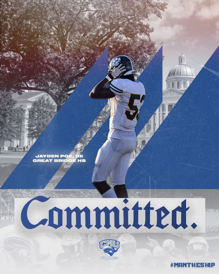 jayden_poe1's tweet photo. Excited to announce my commitment to play football at Christopher Newport University! Ready to take my game to the next level! 🏈💙 #CNU #GoCaptains #blessed 

Thank you to my support system - 

@Curt_Campbell43 @CoachX_Will @jaroidp8 @Coach_Mccoy55 @coachpcrowley https://t.co/wZI5osQITL
