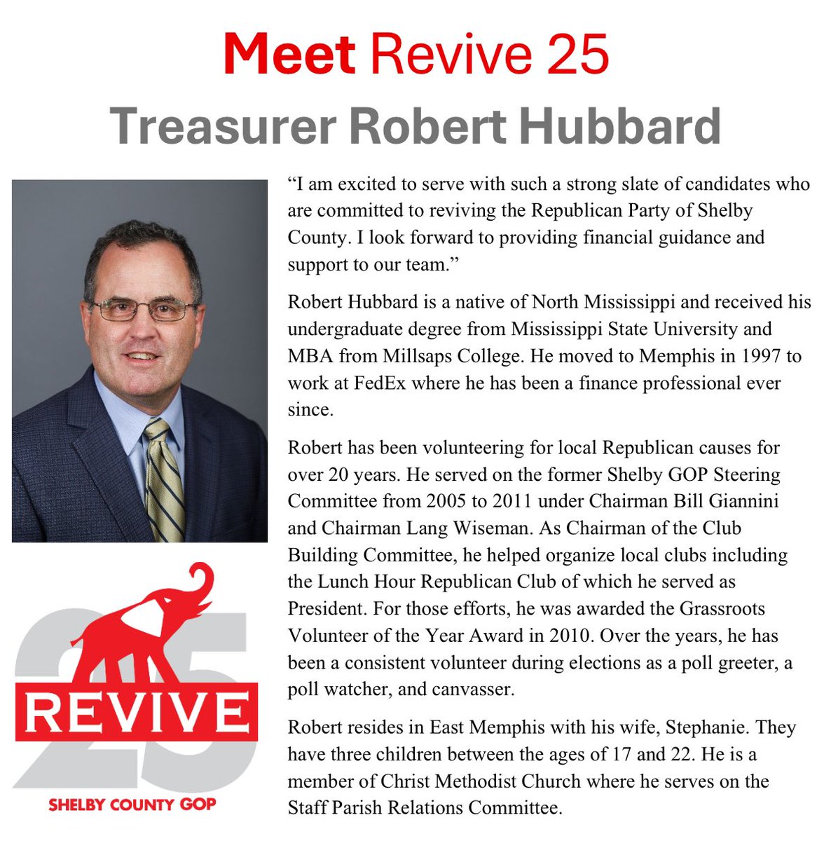 Revive2025's tweet photo. 🐘 Meet Revive 25: Treasurer Robert Hubbard 🐘 Not only is Robert a qualified financial professional, but he has devoted his time to the our party for decades! We appreciate his willingness to serve as Treasurer, and we look forward to his help in taking our Party to new heights! https://t.co/eUPGXKSVkX