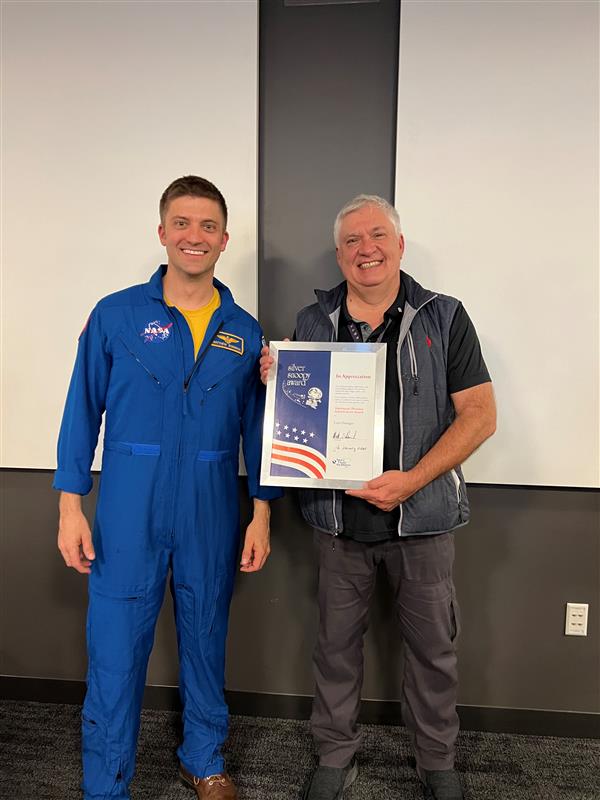ulalaunch's tweet photo. Congratulations to Lars Onsager, Ascent Team and human spaceflight technical lead for ULA’s human spaceflight missions, for receiving NASA’s Silver Snoopy from NASA Astronaut Matt Dominick, nominated by Starliner CFT astronauts Butch Wilmore and @Astro_Suni! Thank you @dominickmatthew for presenting the award! Fewer than one percent of the human spaceflight program workforce receives this prestigious award! @BoeingSpace @Commercial_Crew