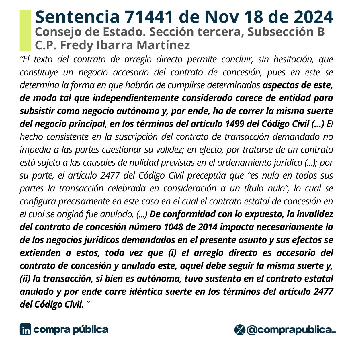 comprapublica_'s tweet photo. 🖇️¿Procede la nulidad automática de un contrato de transacción realizado con fundamento en un contrato estatal declarado nulo?

Consejo de Estado confirma, aunque con interesante salvamento de voto.

Descarga aquí👇
https://t.co/zPtYNmIxB2 https://t.co/qYXqWyZKAh