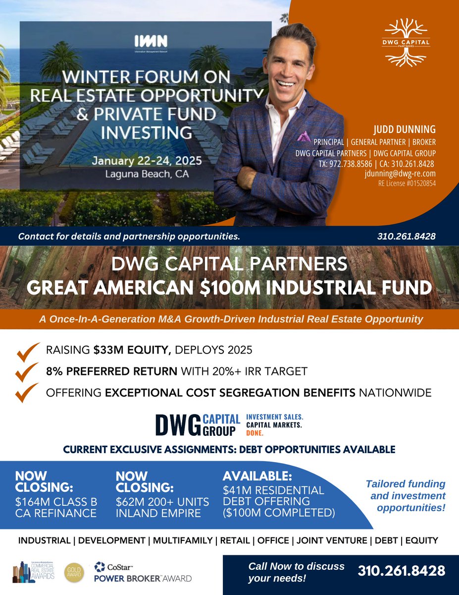 dwgreJudd's tweet photo. Looking forward to seeing everybody, #IMN2025 in Laguna again. Please contact us to 
1) invest in our own new 100m industrial fund and/or 
2) your own debt/equity assignments for DWG Capital Group capital markets services as well! 

#Investing https://t.co/6VlnXaFKkI