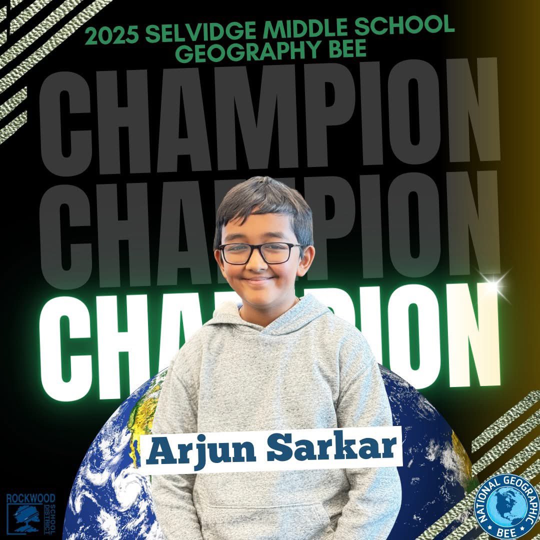 b_pearson's tweet photo. Congratulations to our 2025 SMS Geography Bee Champion, Arjun Sarkar! We also want to congratulate our runner-up, Sam Bene. Thank you to our social studies department for facilitating today's Geography Bee! #SMSRocks @rockwoodschools @SMSstallions https://t.co/mL8SlUItKy