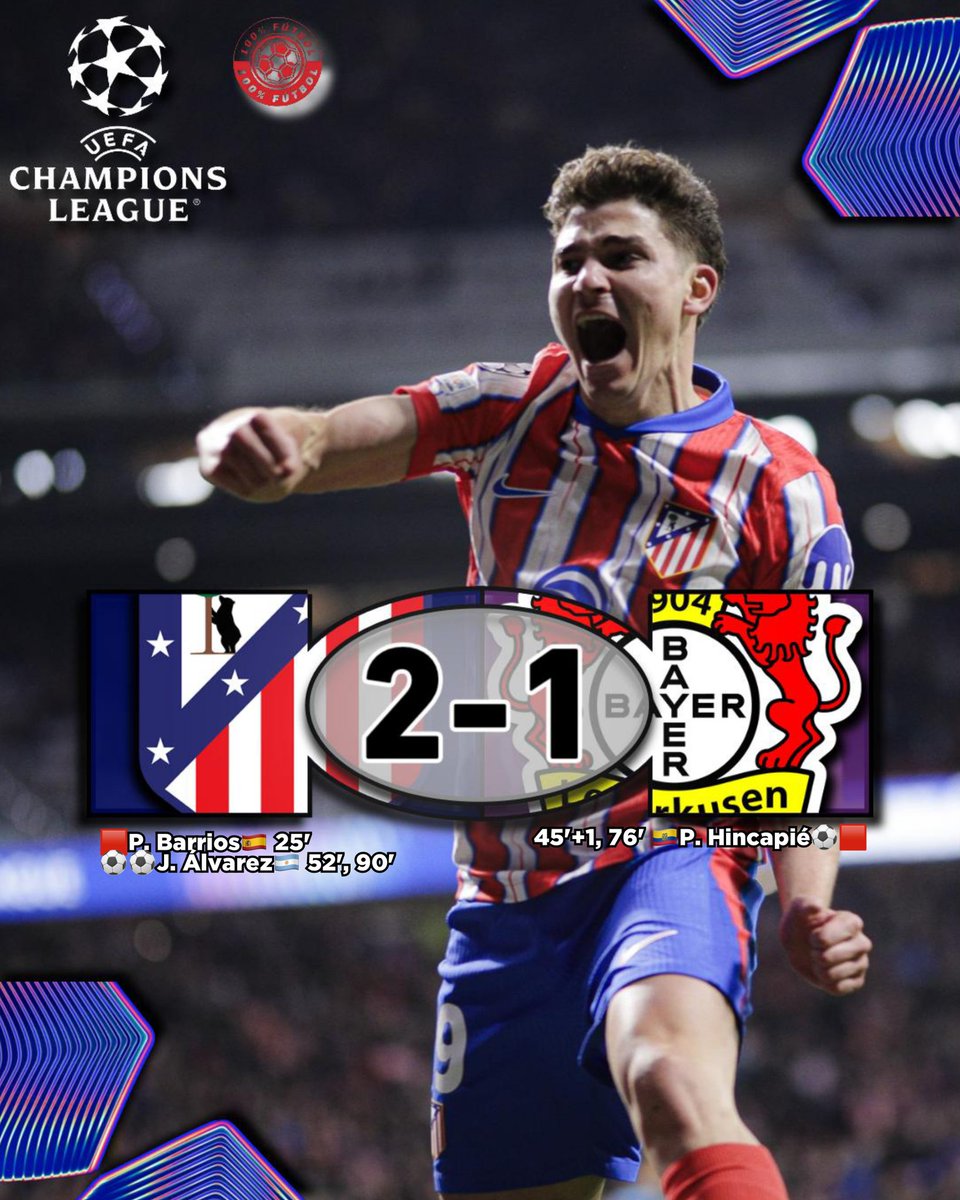 100xcientoftl's tweet photo. ¡𝗗𝗢𝗕𝗟𝗘𝗧𝗘 𝗗𝗘 𝗟𝗔 𝗔𝗥𝗔Ñ𝗔 𝗬 𝗥𝗘𝗠𝗢𝗡𝗧𝗔𝗗𝗔 𝗖𝗢𝗟𝗖𝗛𝗢𝗡𝗘𝗥𝗔!🔥🤯
Con un doblete de Julián Álvarez🇦🇷, Atlético de Madrid🇪🇸 le remontó el partido al Bayer Leverkusen🇩🇪 y lo venció por 2-1 que lo hace subir hasta el 3° PUESTO🤯.
#UCL #ATMB04 https://t.co/S4dx8Xaskf