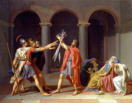 polemoskarios's tweet image. For all wondering about the Roman salute...
This was painted in 1784.
We don't have any text explicitly that mention the physical action. They do mention saluting, but not how it done.