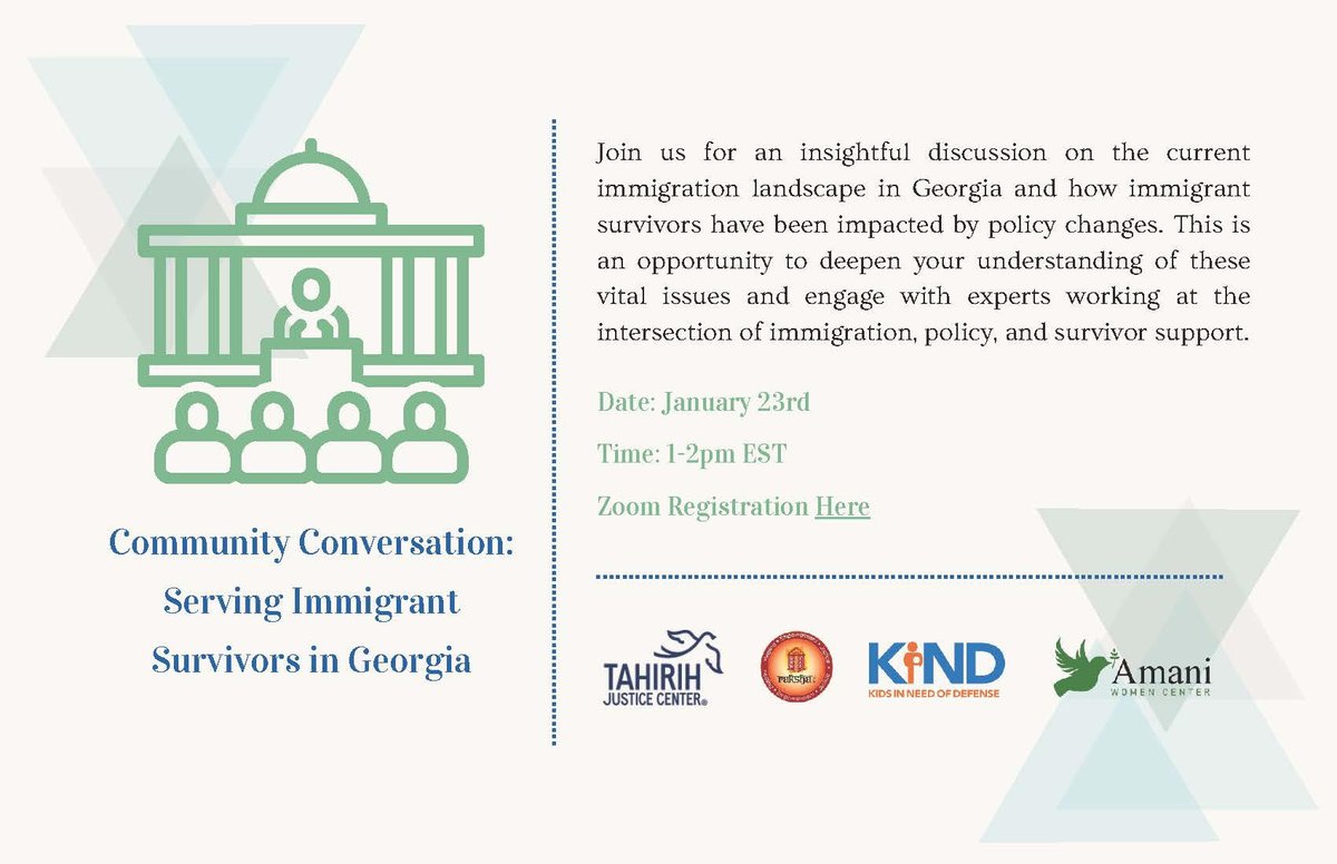 Join us on Jan 23rd, 1-2pm EST, for a powerful conversation on immigration policy and its impact on survivors in Georgia. 

📢💬 Register here: ow.ly/8Hz750UKBss