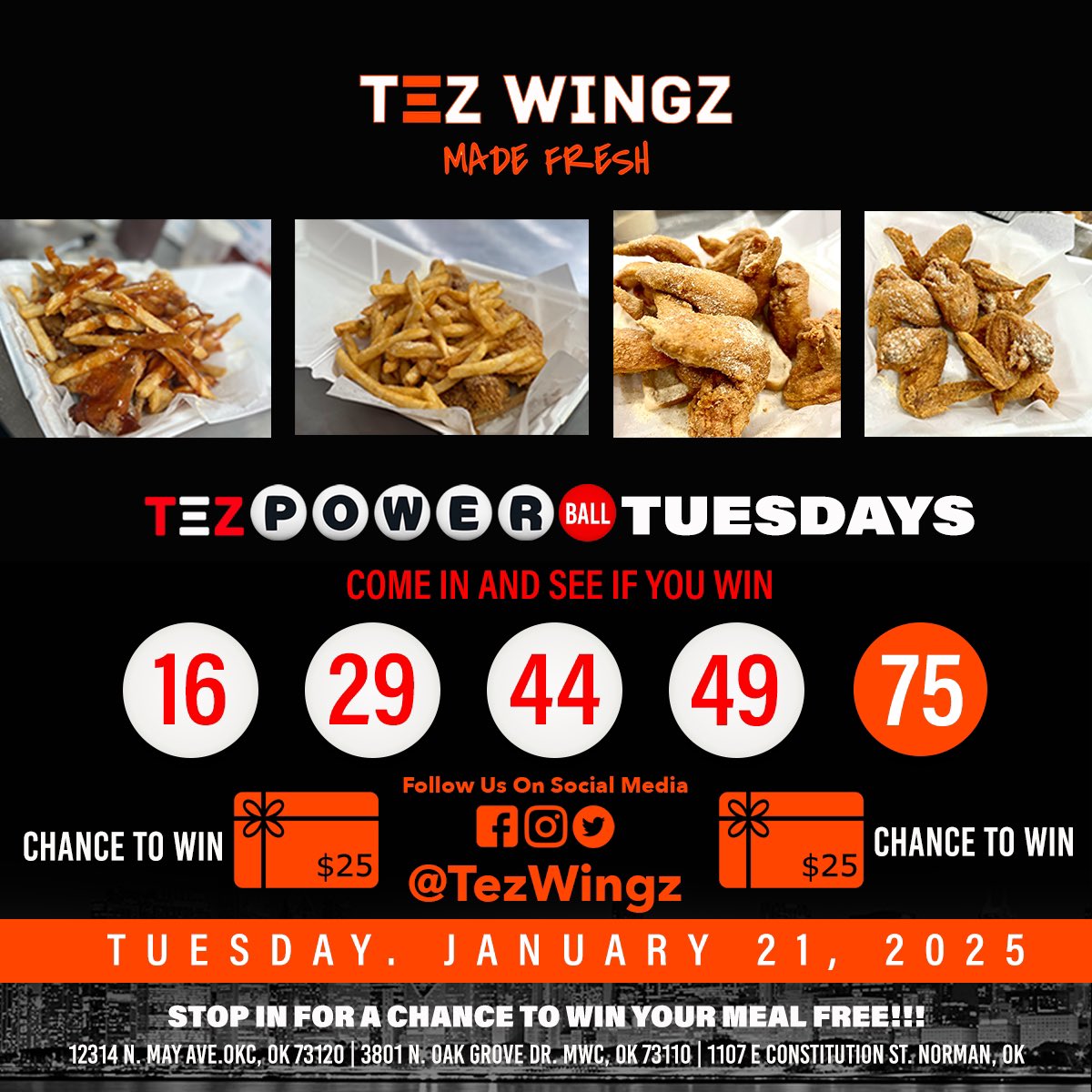TezWingz's tweet photo. Powerball Tuesday at Tez Wingz! Stop by for a chance to win your meal FREE or a $25 Gift Card! #TezWingz https://t.co/qc63S12uJj
