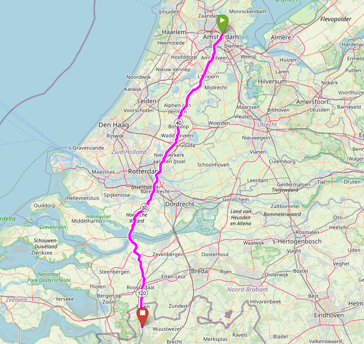Day 110 
Live location: Ijzerenwegstraat / Kalmthout / Belgium 
- Daily travel distance: 1,221 Km / 0.759 Mi
- Total travel distance: 133,439 Km / 82.915 Mi
- 62 likes + 7 reposts -&gt; 69 meters pushed forward
- A like/repost will push the snail 1m forward