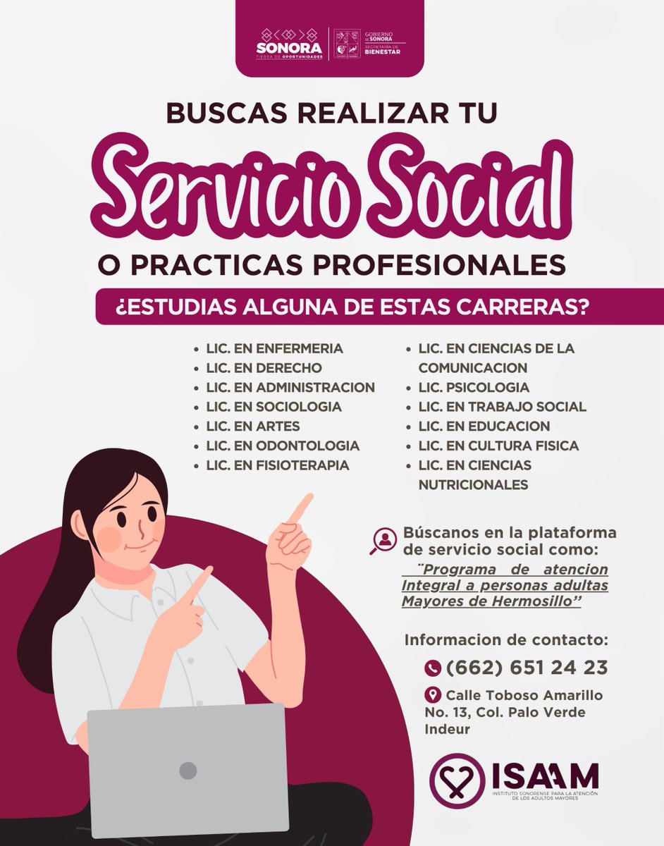 SonoraBienestar's tweet photo. ¡Atención, jóvenes estudiantes! 🎓
Si aún tienes dudas sobre dónde llevar a cabo tu Servicio Social o Prácticas Profesionales, la Secretaría de Bienestar, a través de #ISAAM te invita a formar parte de su equipo, en el Programa de Atención Integral a Personas Adultas Mayores. https://t.co/0gFrk7N8BW