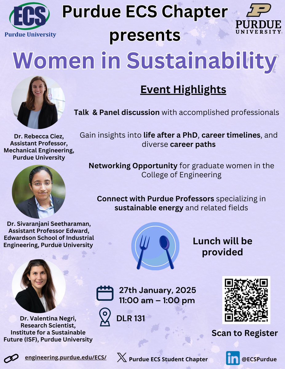 Purdue ECS Student Chapter (@ecspurdue) on Twitter photo Kick off the Spring with inspiration!🌱Join the "Women in Sustainability" event to explore career paths, life after PhD, and impactful journeys. Connect with experts in sustainable energy!🌟 Scan to register. <a href="/ParthaPMukherj1/">Partha P. Mukherjee</a> <a href="/ECSorg/">ECS</a> <a href="/PurdueME/">Purdue Mechanical Engineering</a> <a href="/etslpurdue/">Energy and Transport Sciences Lab</a> <a href="/PurdueEngineers/">Purdue Engineering</a> Kick off the Spring with inspiration!🌱Join the "Women in Sustainability" event to explore career paths, life after PhD, and impactful journeys. Connect with experts in sustainable energy!🌟 Scan to register. <a href="/ParthaPMukherj1/">Partha P. Mukherjee</a> <a href="/ECSorg/">ECS</a> <a href="/PurdueME/">Purdue Mechanical Engineering</a> <a href="/etslpurdue/">Energy and Transport Sciences Lab</a> <a href="/PurdueEngineers/">Purdue Engineering</a>