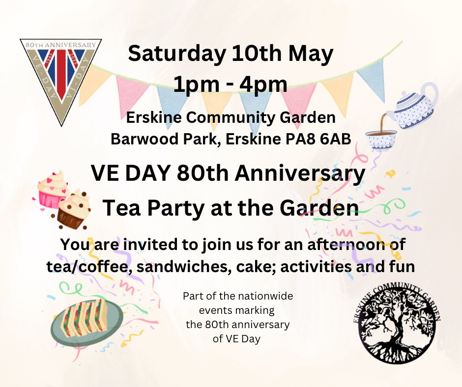 ErskineCGarden (@erskinecgarden) on Twitter photo Also as part of VE Day commemorations at the Garden we have a tea party in 10th May,nearest Saturday to VEDay. All welcome <a href="/RenCouncil/">RenCouncil</a> <a href="/NatalieDon_/">Natalie Don-Innes MSP</a> @ProvostCameron <a href="/ErskineRotary/">Erskine and District Rotary</a> <a href="/ErskineYcouncil/">ErskineYouthCouncil</a> <a href="/Alison_S_Taylor/">Alison S Taylor, MP - Paisley Renfrewshire North</a> <a href="/EngageNews1/">Engage Renfrewshire</a> <a href="/ERSKINEYOUTHFC/">Erskine Youth Fc</a> #veday #veday80 Also as part of VE Day commemorations at the Garden we have a tea party in 10th May,nearest Saturday to VEDay. All welcome <a href="/RenCouncil/">RenCouncil</a> <a href="/NatalieDon_/">Natalie Don-Innes MSP</a> @ProvostCameron <a href="/ErskineRotary/">Erskine and District Rotary</a> <a href="/ErskineYcouncil/">ErskineYouthCouncil</a> <a href="/Alison_S_Taylor/">Alison S Taylor, MP - Paisley Renfrewshire North</a> <a href="/EngageNews1/">Engage Renfrewshire</a> <a href="/ERSKINEYOUTHFC/">Erskine Youth Fc</a> #veday #veday80