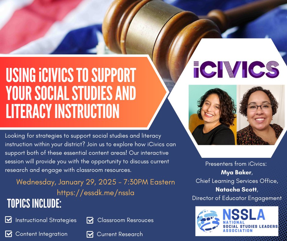 nsslasocstudies's tweet photo. Join us next week for our first webinar of 2025!  

📆January 29th
⏰7:30 EST
⌨️https://t.co/1BIHl4dMAG

@NCSSNetwork @icivics https://t.co/j6s595Avnm